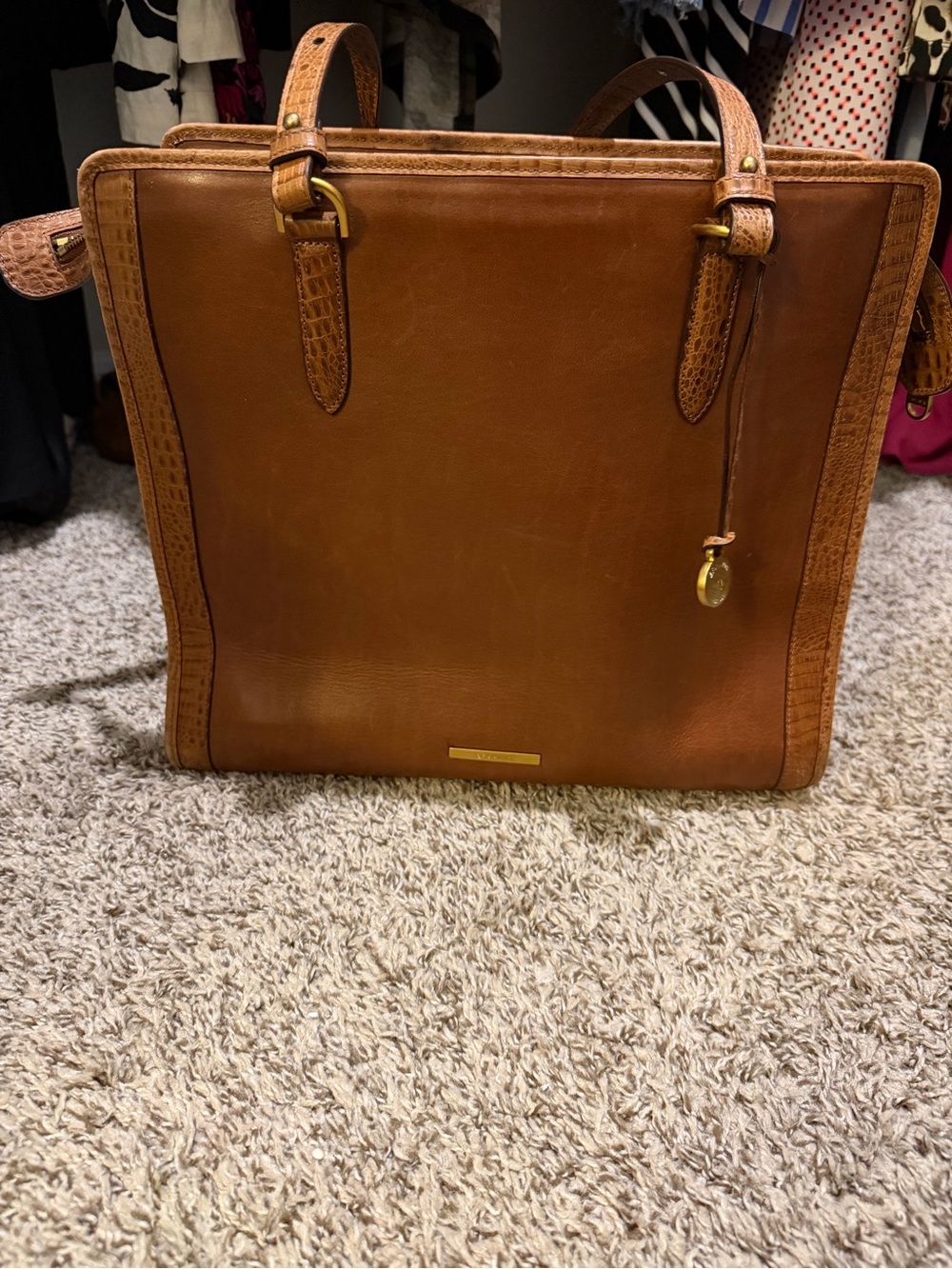 Brahmin Tia Leather Tote Cognac Brown Croc Trim Large Bag